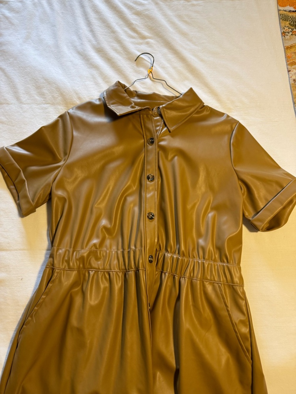 Faux Leather Button-Front Midi Dress in Caramel